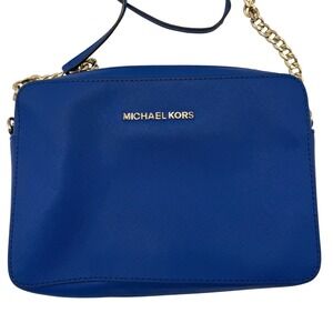 Michael Kors Jet Set East West Crossbody Bag Blue Saffiano Leather Gold Chain